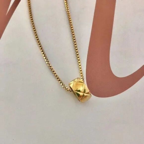 Plaid 18K Gold Yellow Gold Cylinder Lovers Circle Wheel Chain Necklace Dainty - Picture 3 of 6